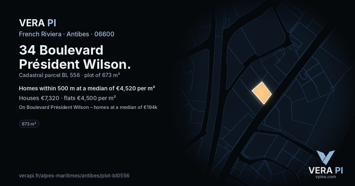 34 Boulevard Président Wilson, Antibes at night – the plot lit, the parcels around coloured by the prices near them