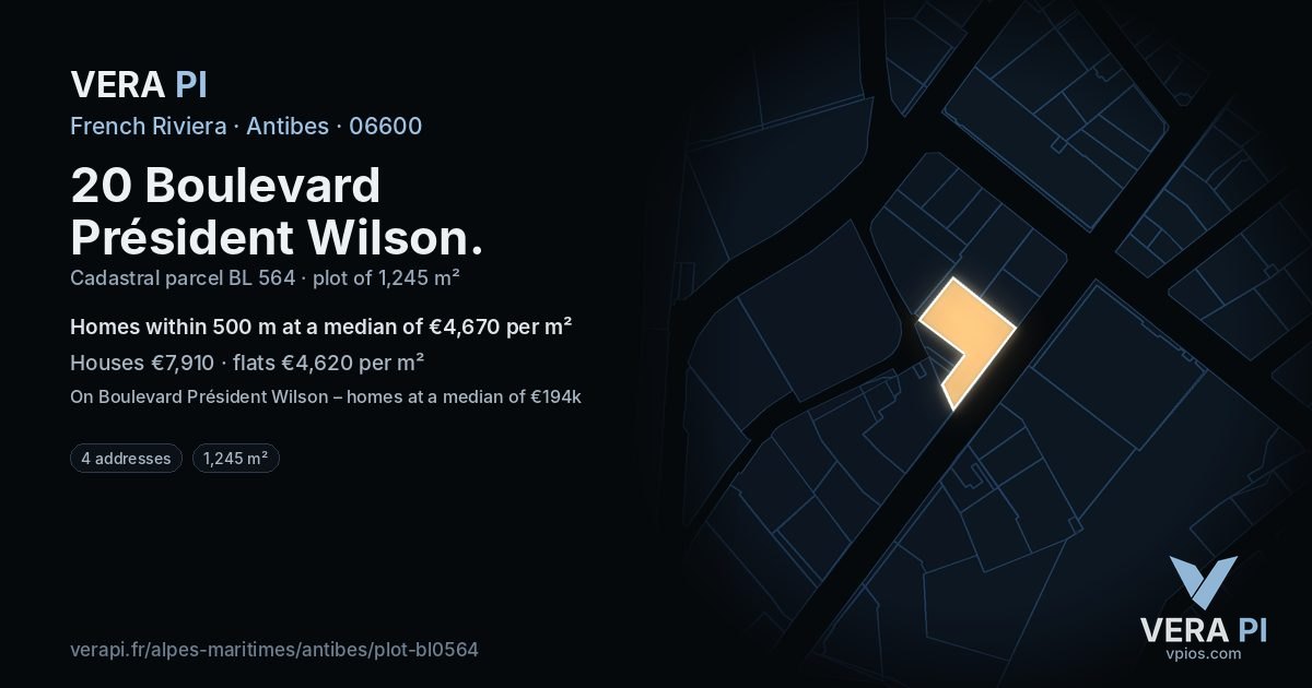 20 Boulevard Président Wilson, Antibes at night – the plot lit, the parcels around coloured by the prices near them