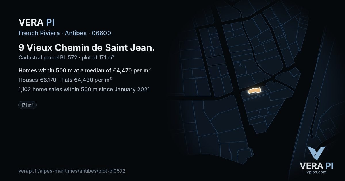 9 Vieux Chemin de Saint Jean, Antibes at night – the plot lit, the parcels around coloured by the prices near them