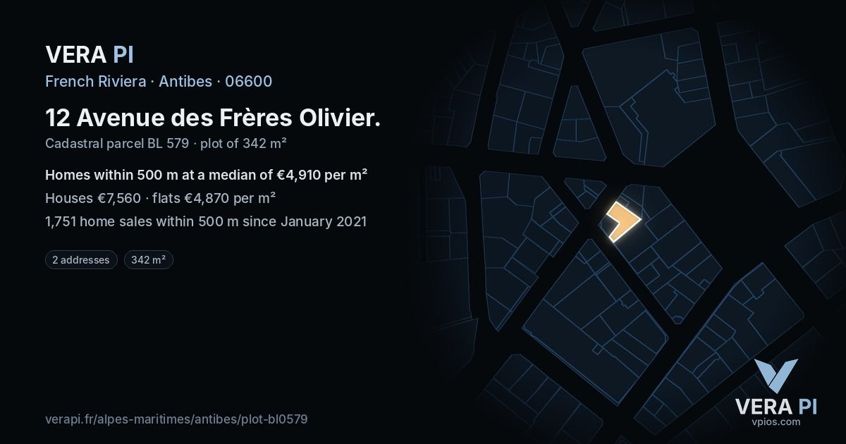 12 Avenue des Frères Olivier, Antibes at night – the plot lit, the parcels around coloured by the prices near them