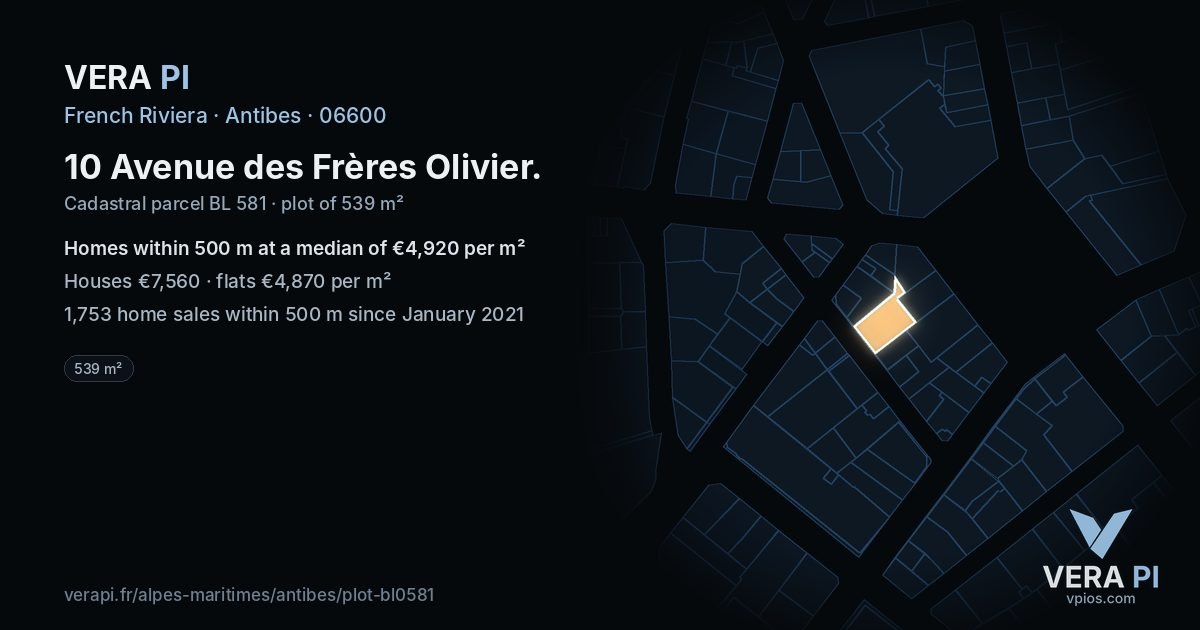 10 Avenue des Frères Olivier, Antibes at night – the plot lit, the parcels around coloured by the prices near them