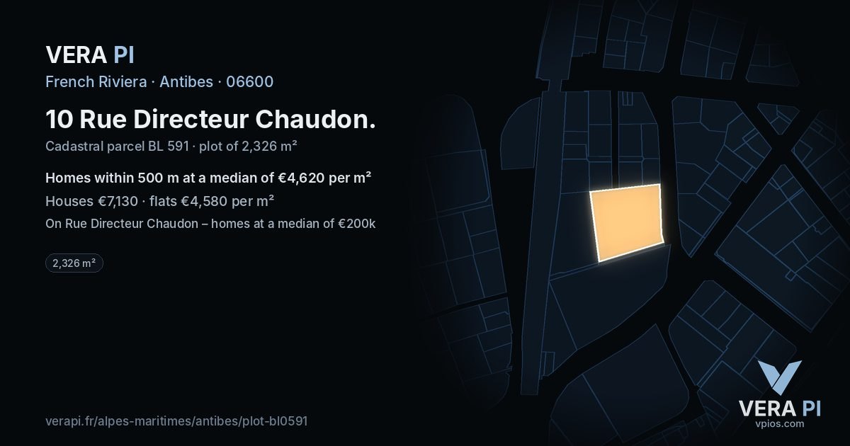 10 Rue Directeur Chaudon, Antibes at night – the plot lit, the parcels around coloured by the prices near them