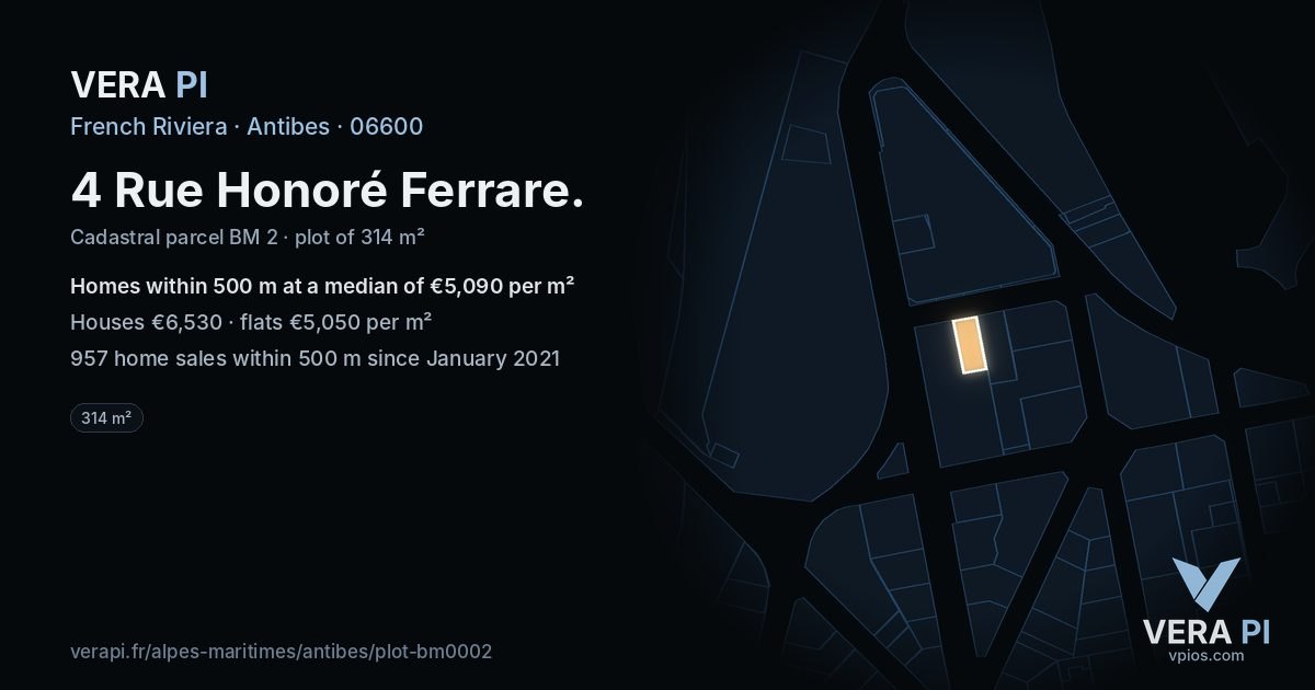 4 Rue Honoré Ferrare, Antibes at night – the plot lit, the parcels around coloured by the prices near them