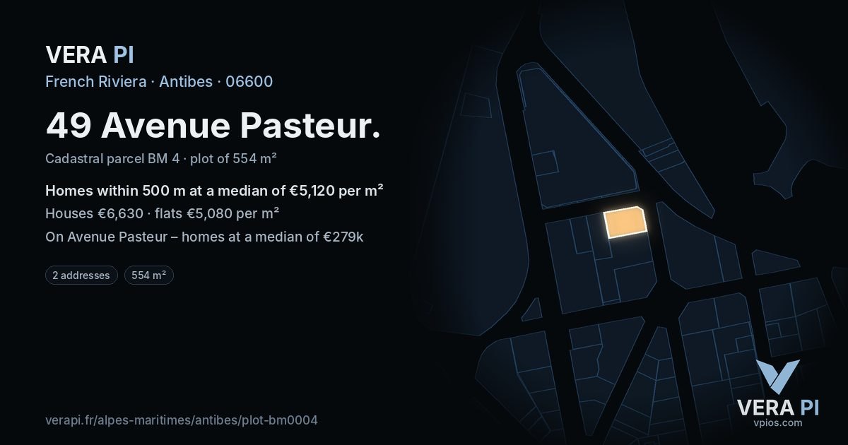 49 Avenue Pasteur, Antibes at night – the plot lit, the parcels around coloured by the prices near them