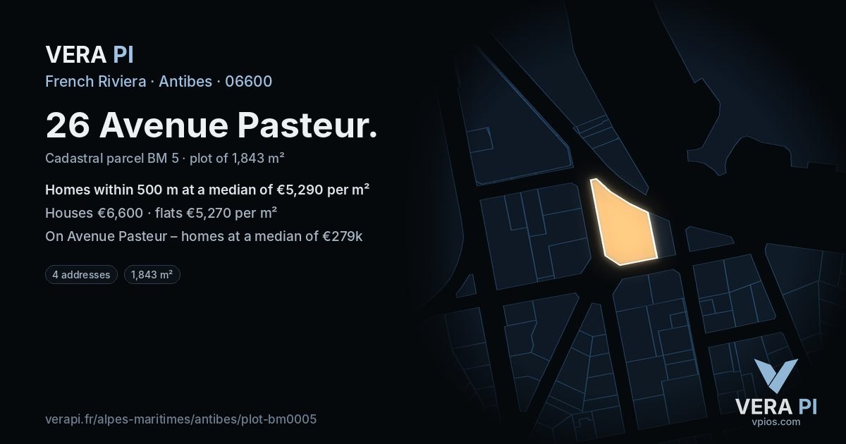 26 Avenue Pasteur, Antibes at night – the plot lit, the parcels around coloured by the prices near them