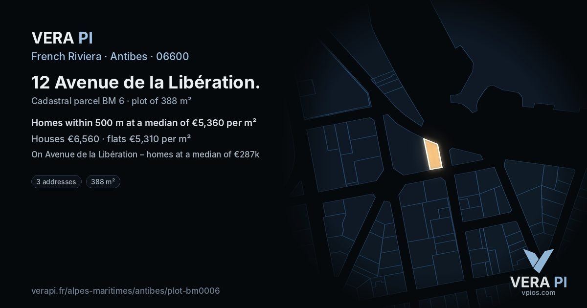 12 Avenue de la Libération, Antibes at night – the plot lit, the parcels around coloured by the prices near them