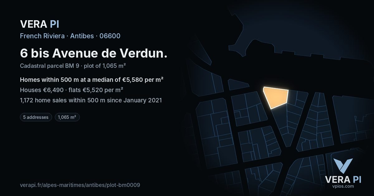 6 bis Avenue de Verdun, Antibes at night – the plot lit, the parcels around coloured by the prices near them