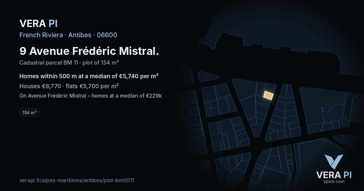9 Avenue Frédéric Mistral, Antibes at night – the plot lit, the parcels around coloured by the prices near them