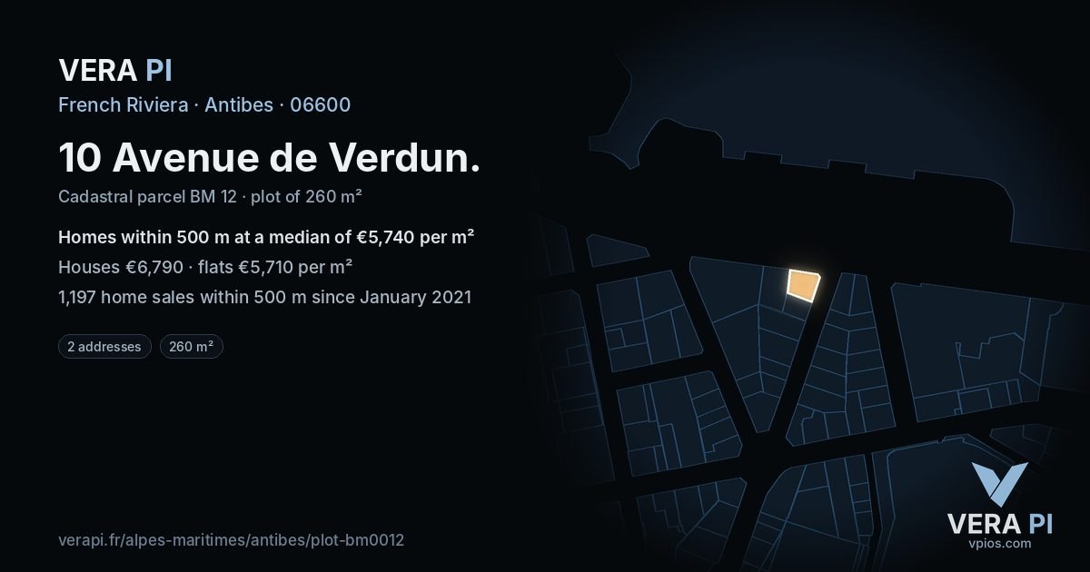 10 Avenue de Verdun, Antibes at night – the plot lit, the parcels around coloured by the prices near them