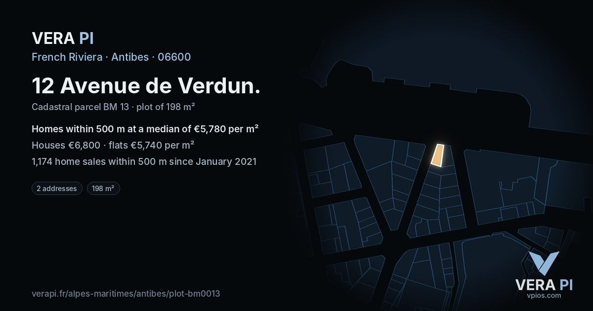 12 Avenue de Verdun, Antibes at night – the plot lit, the parcels around coloured by the prices near them