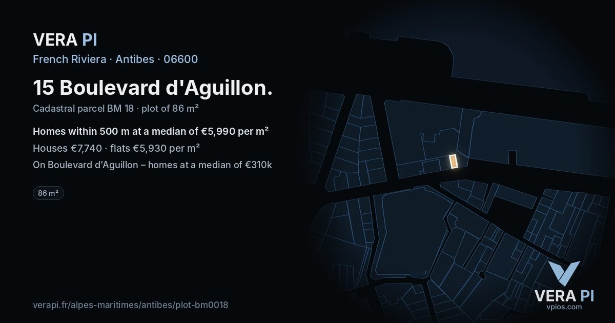 15 Boulevard d'Aguillon, Antibes at night – the plot lit, the parcels around coloured by the prices near them
