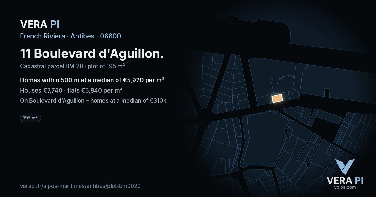 11 Boulevard d'Aguillon, Antibes at night – the plot lit, the parcels around coloured by the prices near them