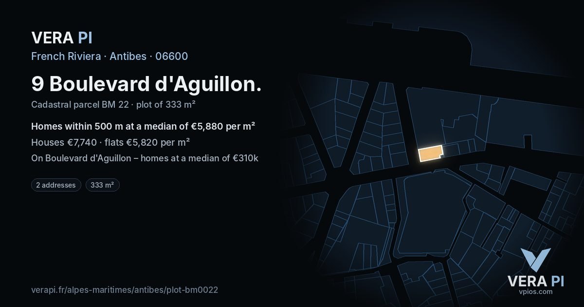 9 Boulevard d'Aguillon, Antibes at night – the plot lit, the parcels around coloured by the prices near them