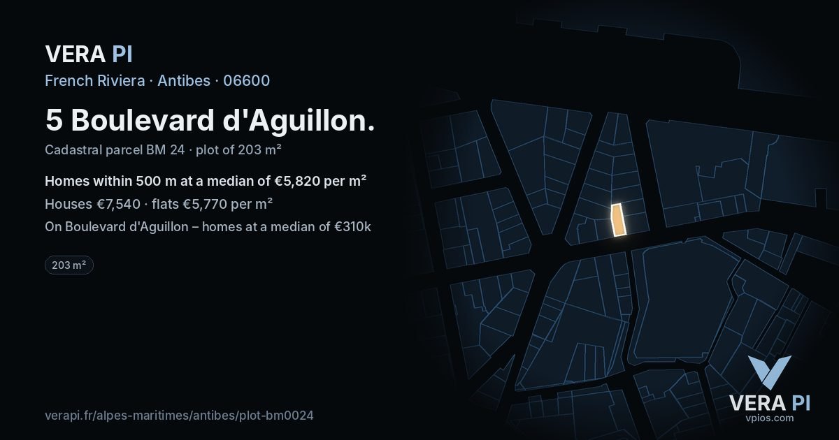 5 Boulevard d'Aguillon, Antibes at night – the plot lit, the parcels around coloured by the prices near them