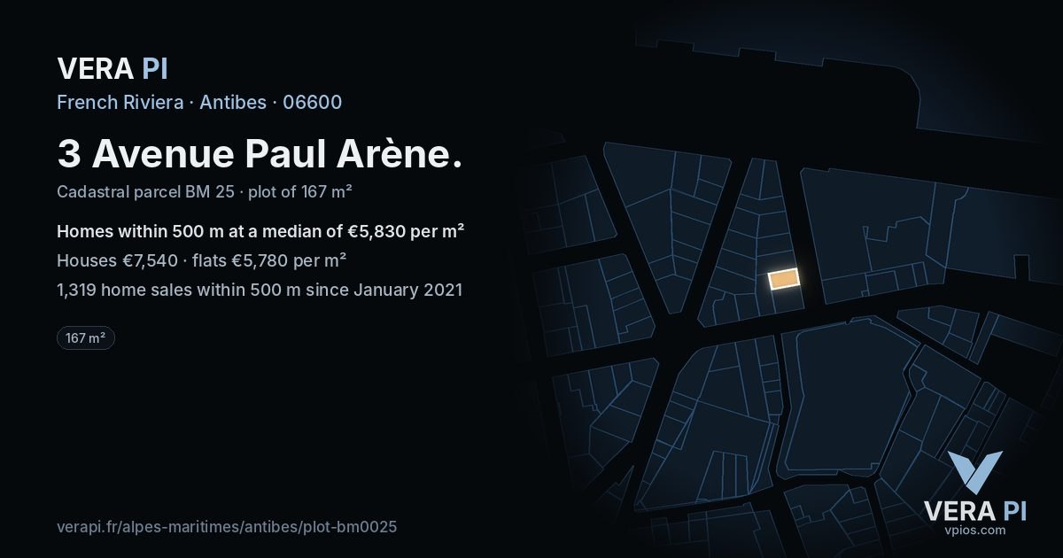 3 Avenue Paul Arène, Antibes at night – the plot lit, the parcels around coloured by the prices near them