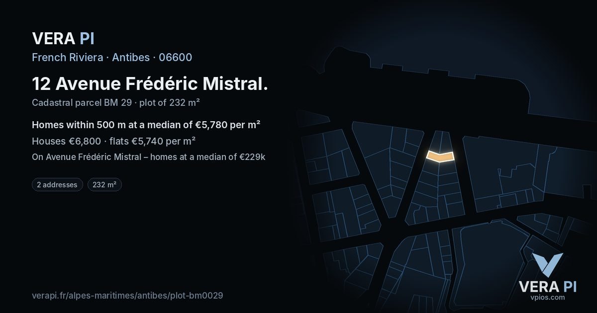 12 Avenue Frédéric Mistral, Antibes at night – the plot lit, the parcels around coloured by the prices near them