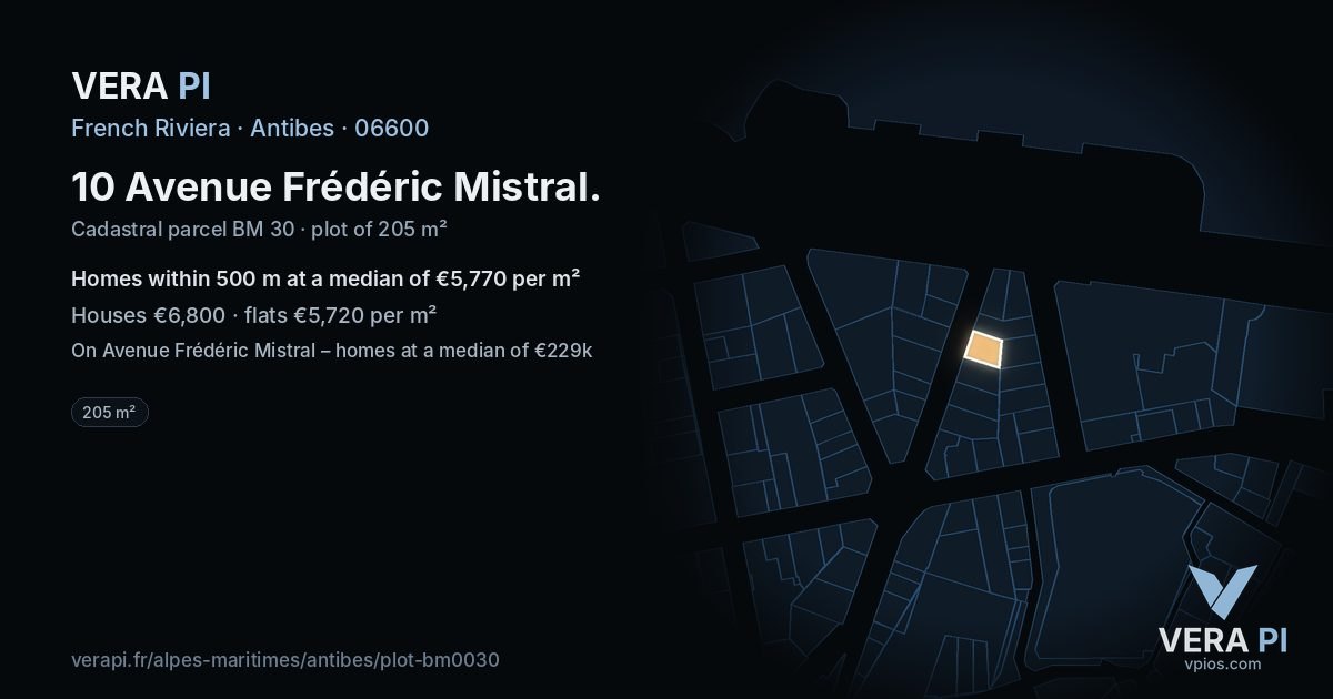 10 Avenue Frédéric Mistral, Antibes at night – the plot lit, the parcels around coloured by the prices near them