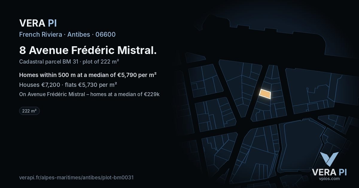 8 Avenue Frédéric Mistral, Antibes at night – the plot lit, the parcels around coloured by the prices near them
