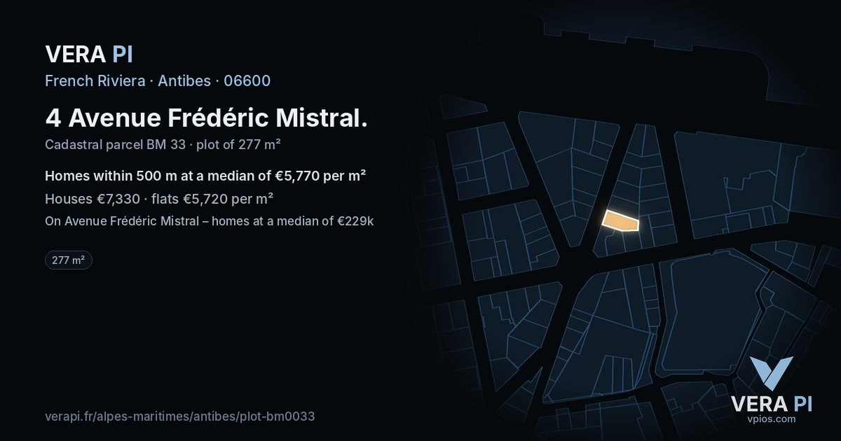 4 Avenue Frédéric Mistral, Antibes at night – the plot lit, the parcels around coloured by the prices near them