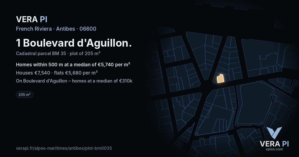 1 Boulevard d'Aguillon, Antibes at night – the plot lit, the parcels around coloured by the prices near them