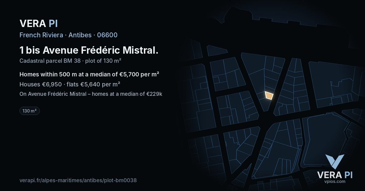 1 bis Avenue Frédéric Mistral, Antibes at night – the plot lit, the parcels around coloured by the prices near them