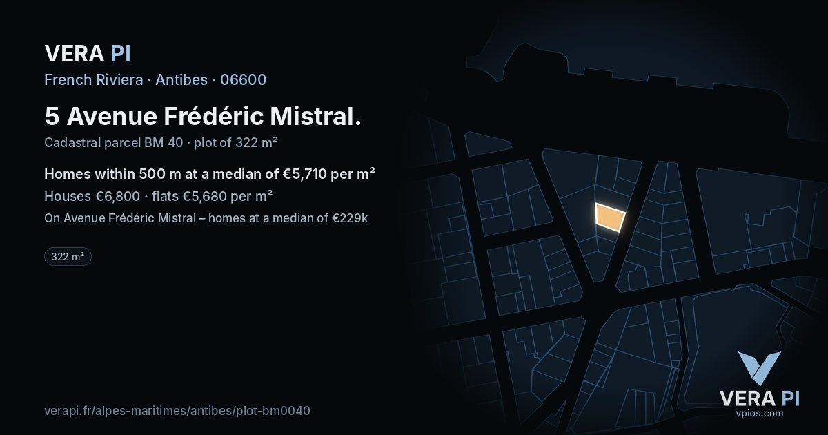 5 Avenue Frédéric Mistral, Antibes at night – the plot lit, the parcels around coloured by the prices near them