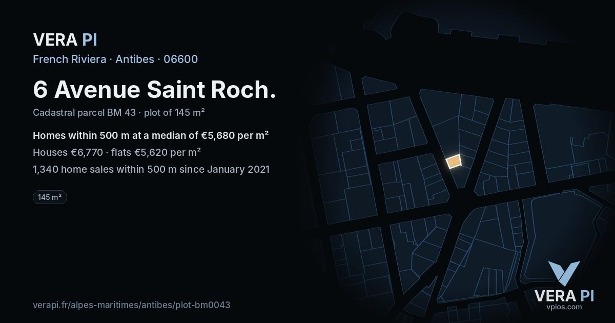 6 Avenue Saint Roch, Antibes at night – the plot lit, the parcels around coloured by the prices near them