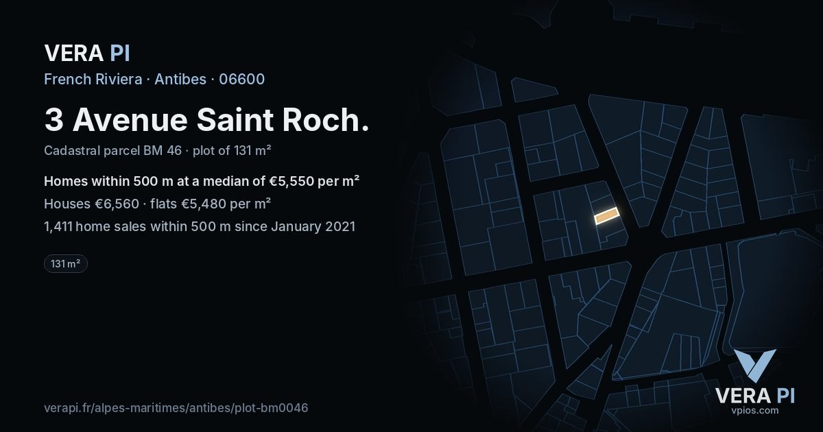 3 Avenue Saint Roch, Antibes at night – the plot lit, the parcels around coloured by the prices near them