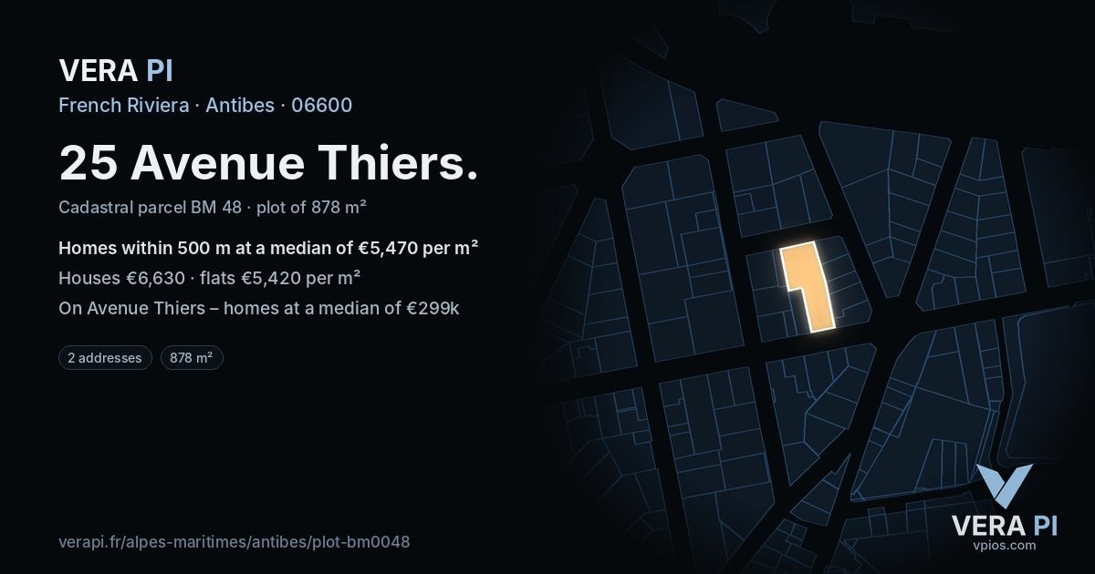 25 Avenue Thiers, Antibes at night – the plot lit, the parcels around coloured by the prices near them