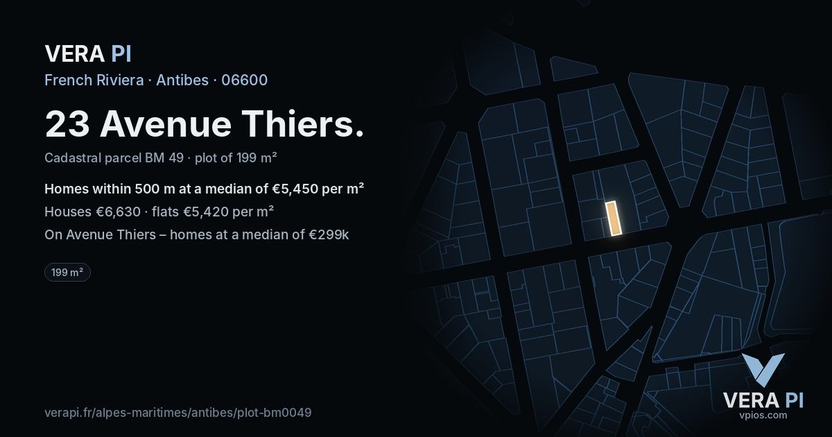 23 Avenue Thiers, Antibes at night – the plot lit, the parcels around coloured by the prices near them