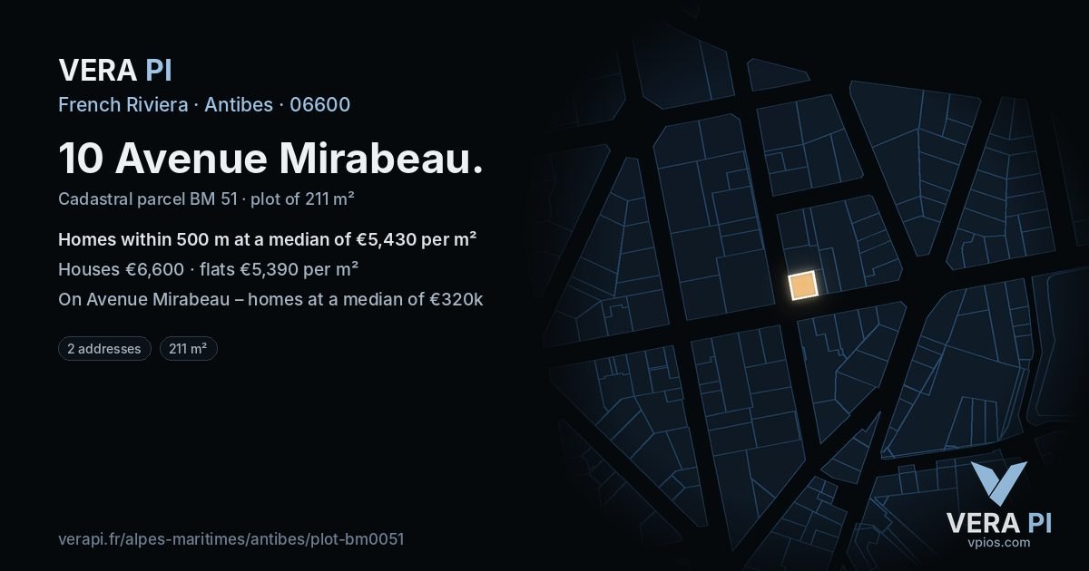 10 Avenue Mirabeau, Antibes at night – the plot lit, the parcels around coloured by the prices near them