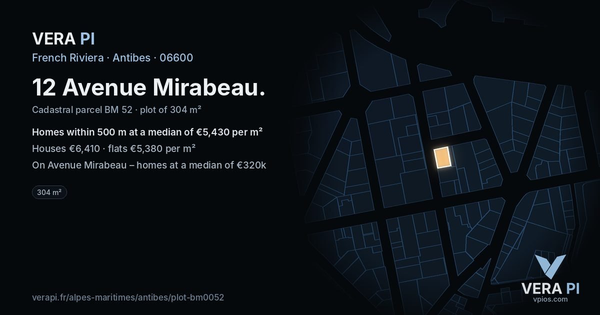 12 Avenue Mirabeau, Antibes at night – the plot lit, the parcels around coloured by the prices near them