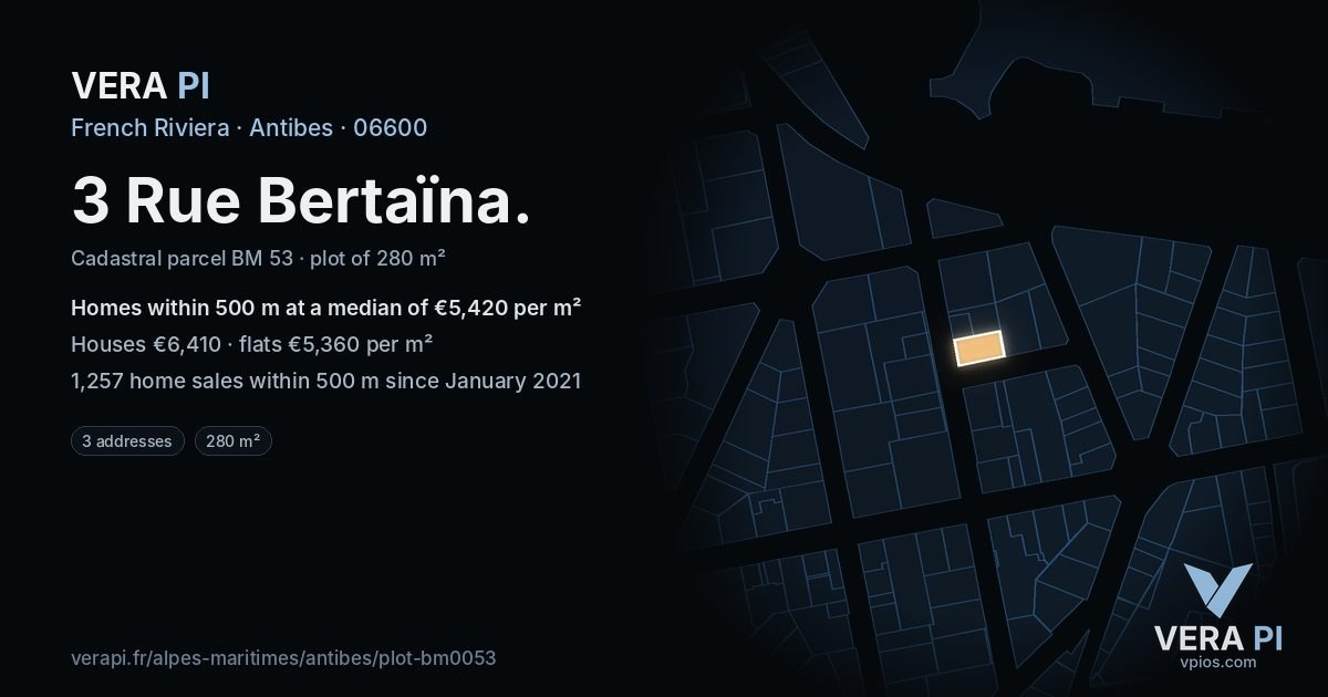 3 Rue Bertaïna, Antibes at night – the plot lit, the parcels around coloured by the prices near them