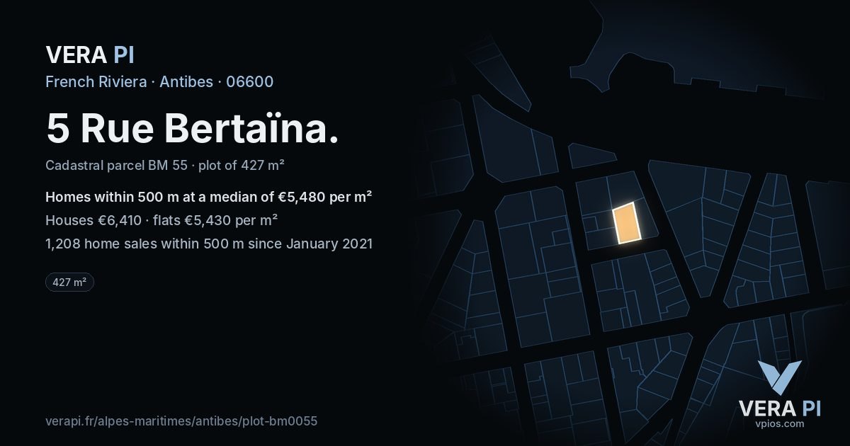 5 Rue Bertaïna, Antibes at night – the plot lit, the parcels around coloured by the prices near them