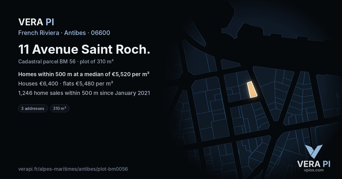 11 Avenue Saint Roch, Antibes at night – the plot lit, the parcels around coloured by the prices near them