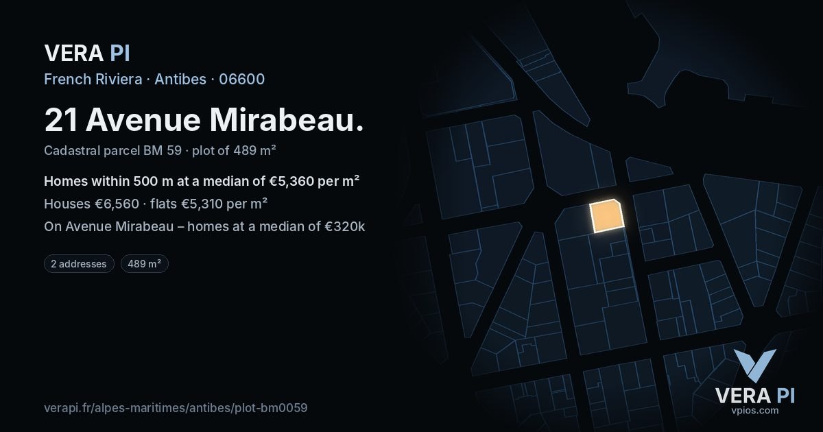 21 Avenue Mirabeau, Antibes at night – the plot lit, the parcels around coloured by the prices near them