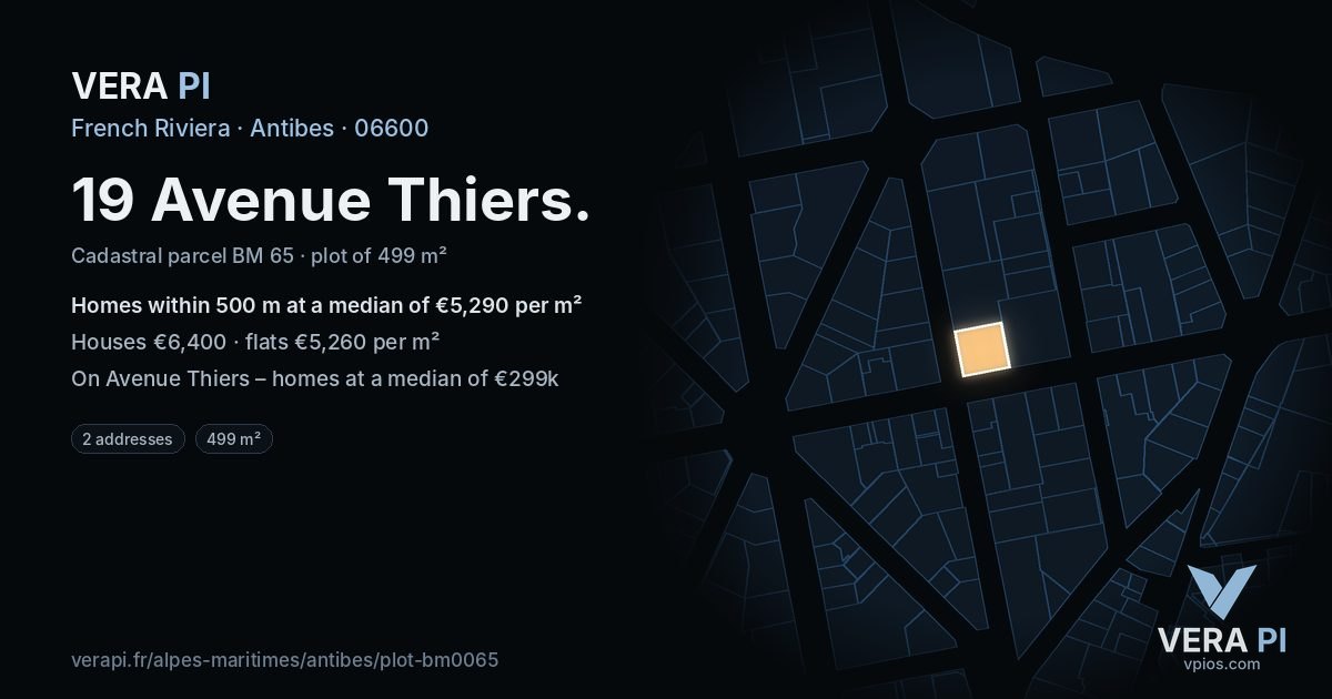 19 Avenue Thiers, Antibes at night – the plot lit, the parcels around coloured by the prices near them