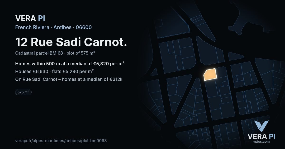 12 Rue Sadi Carnot, Antibes at night – the plot lit, the parcels around coloured by the prices near them