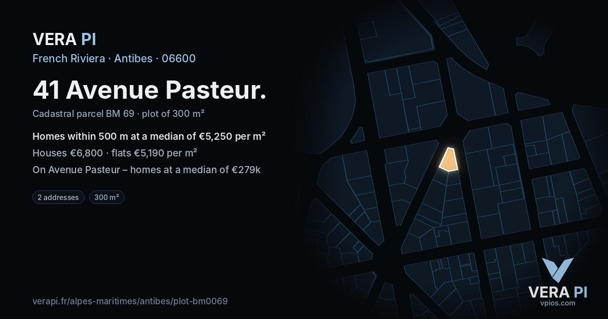 41 Avenue Pasteur, Antibes at night – the plot lit, the parcels around coloured by the prices near them
