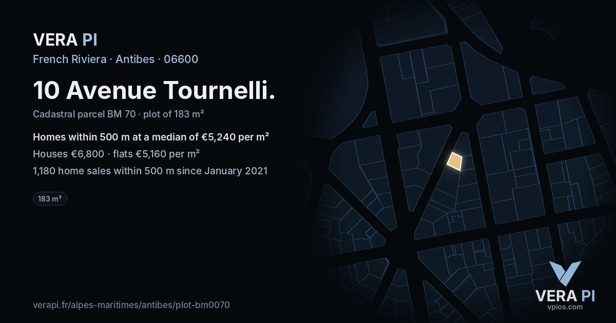 10 Avenue Tournelli, Antibes at night – the plot lit, the parcels around coloured by the prices near them