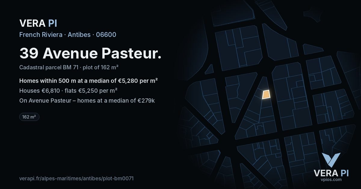 39 Avenue Pasteur, Antibes at night – the plot lit, the parcels around coloured by the prices near them