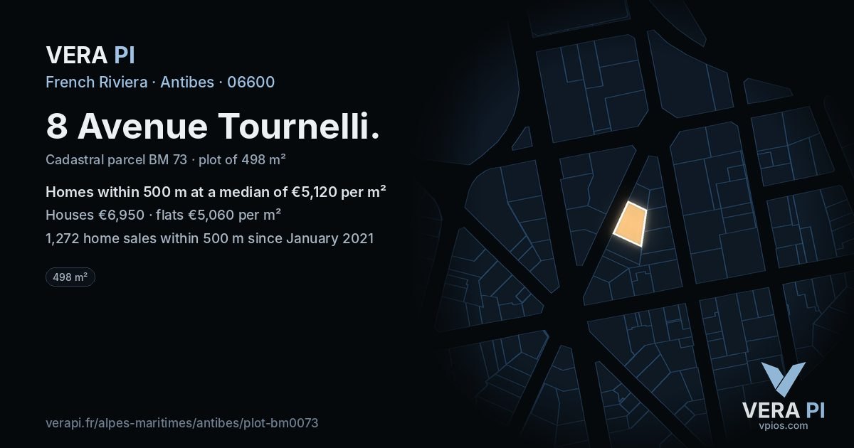 8 Avenue Tournelli, Antibes at night – the plot lit, the parcels around coloured by the prices near them
