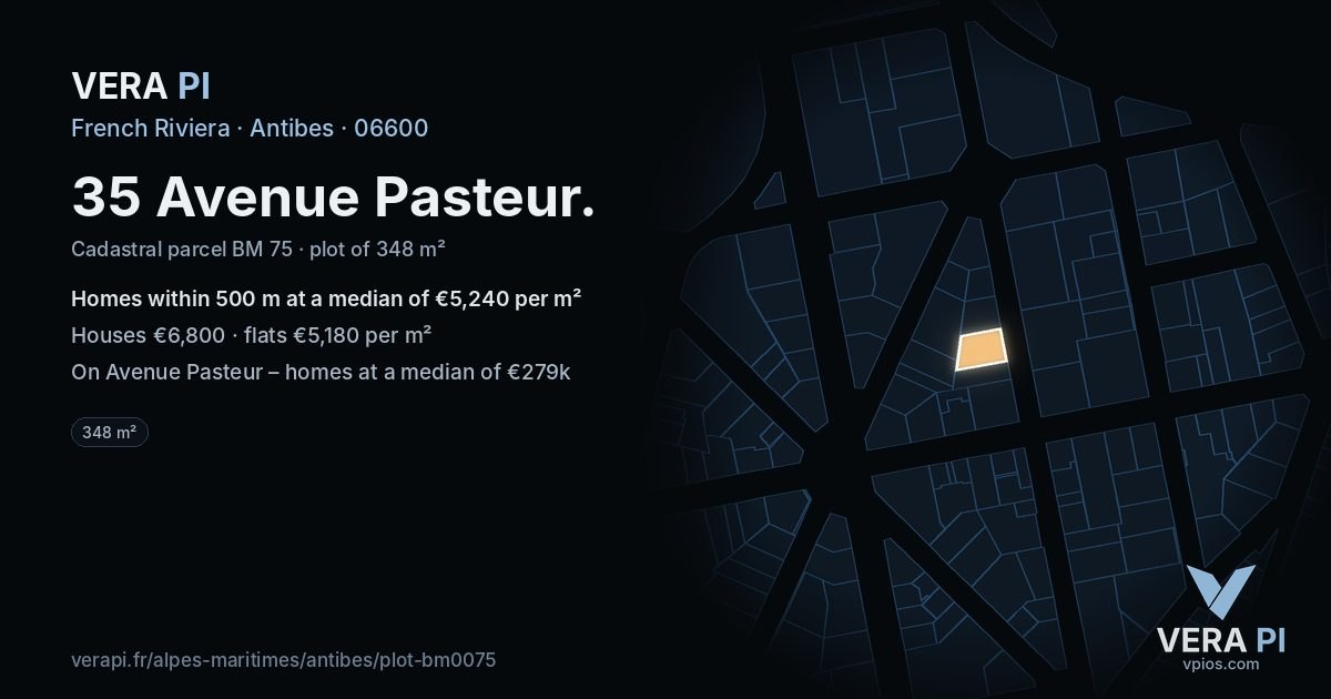 35 Avenue Pasteur, Antibes at night – the plot lit, the parcels around coloured by the prices near them