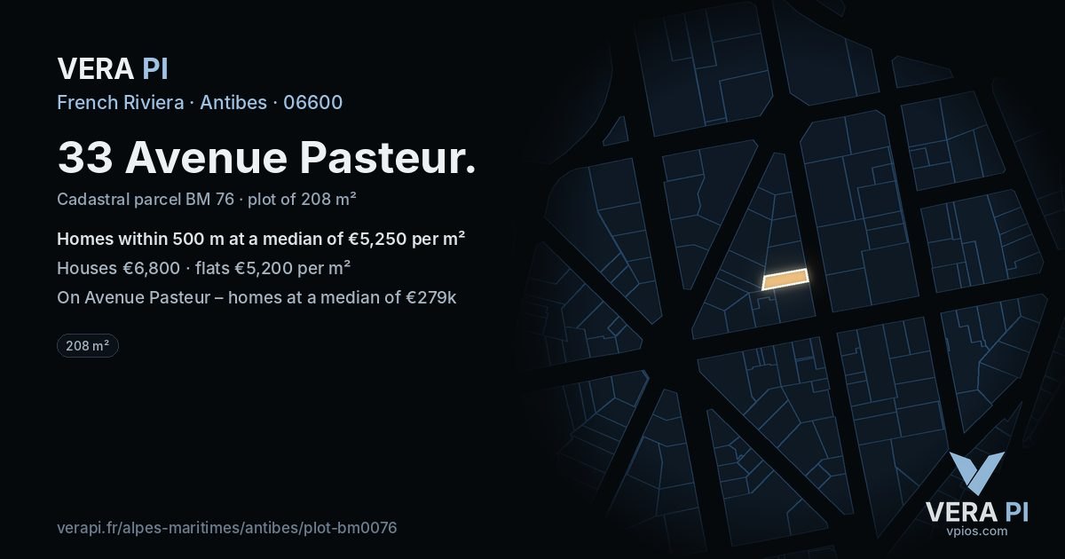 33 Avenue Pasteur, Antibes at night – the plot lit, the parcels around coloured by the prices near them