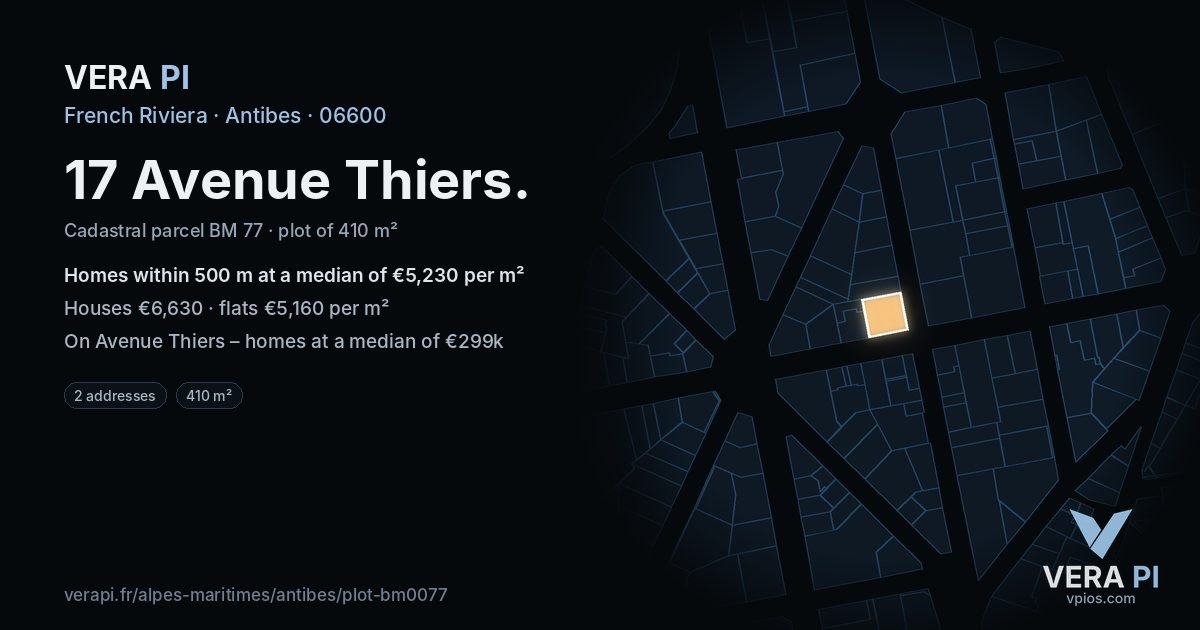 17 Avenue Thiers, Antibes at night – the plot lit, the parcels around coloured by the prices near them