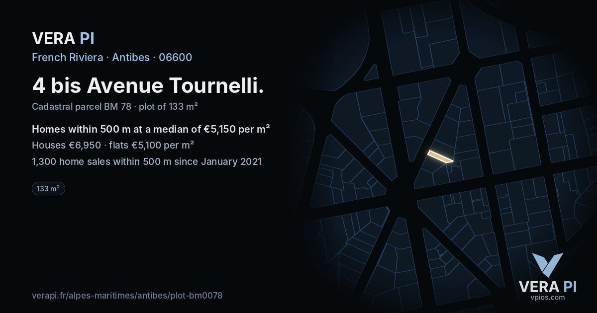 4 bis Avenue Tournelli, Antibes at night – the plot lit, the parcels around coloured by the prices near them