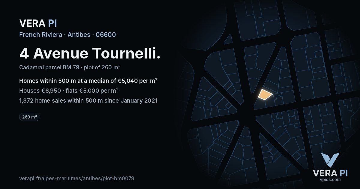 4 Avenue Tournelli, Antibes at night – the plot lit, the parcels around coloured by the prices near them