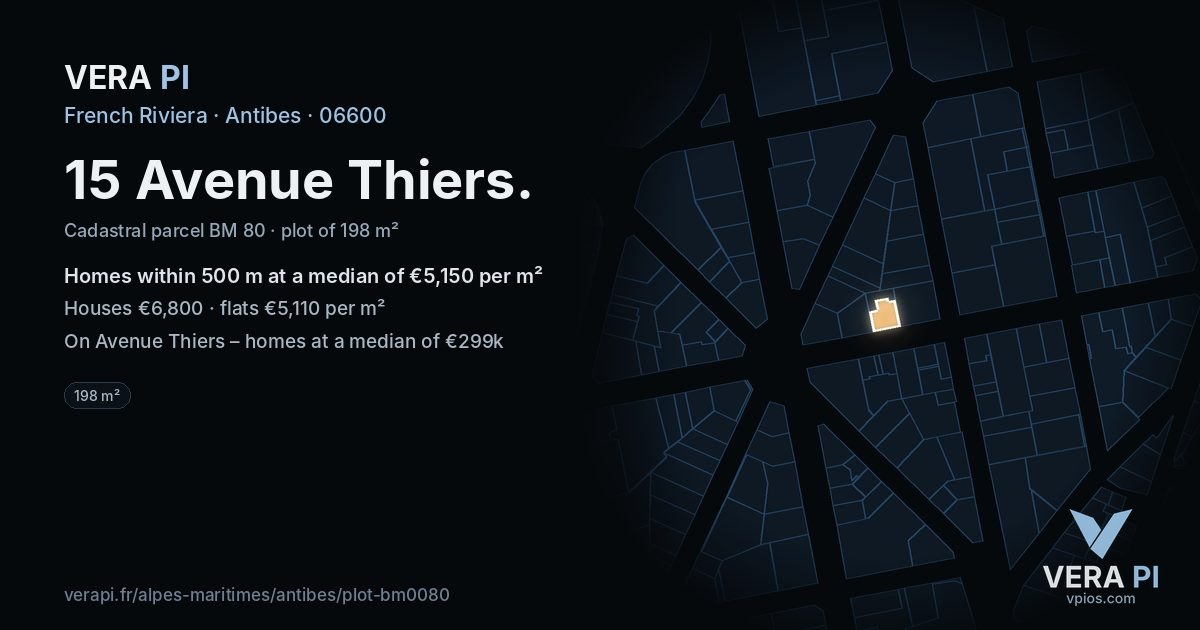 15 Avenue Thiers, Antibes at night – the plot lit, the parcels around coloured by the prices near them