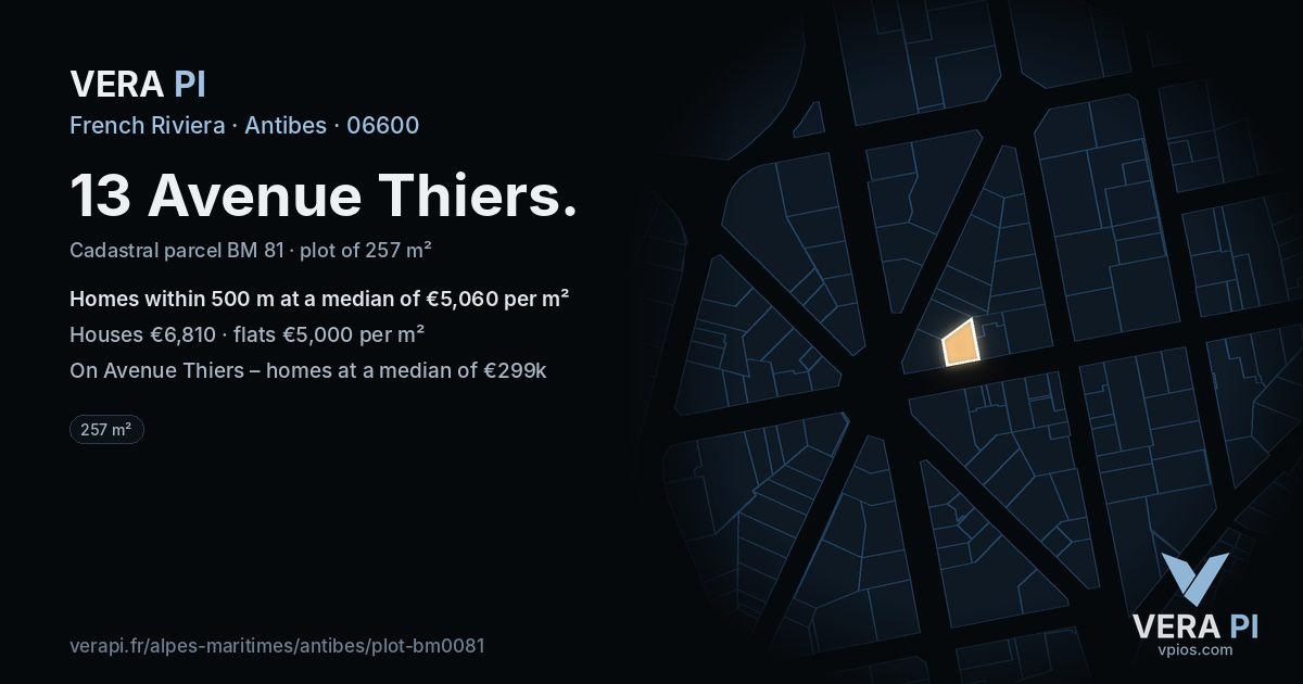 13 Avenue Thiers, Antibes at night – the plot lit, the parcels around coloured by the prices near them