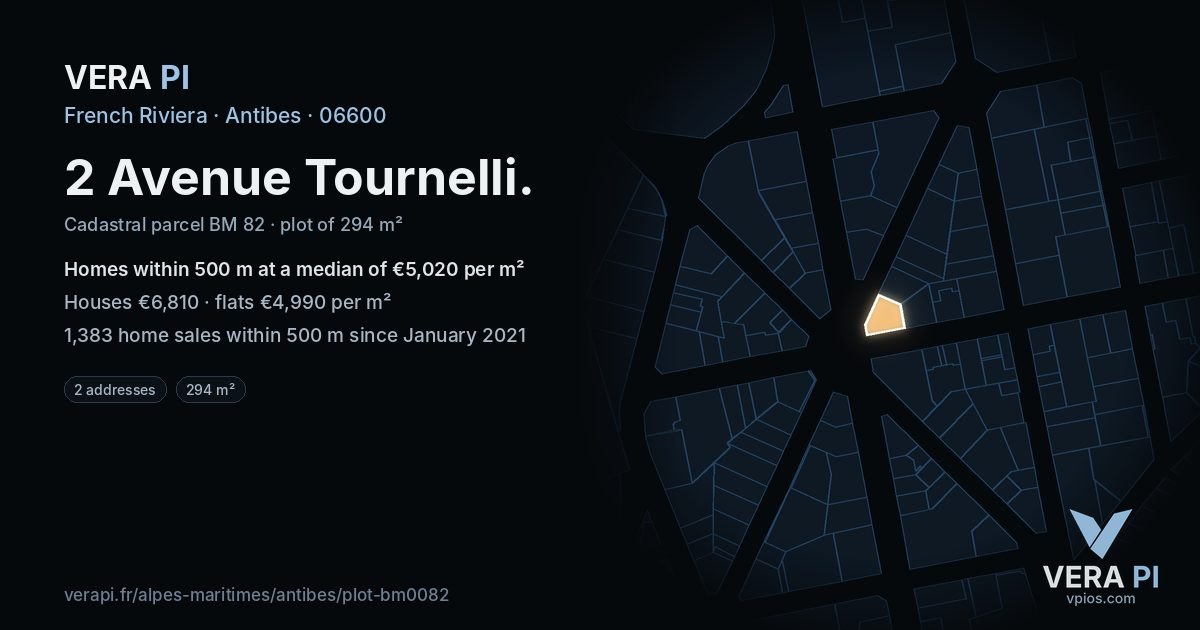 2 Avenue Tournelli, Antibes at night – the plot lit, the parcels around coloured by the prices near them